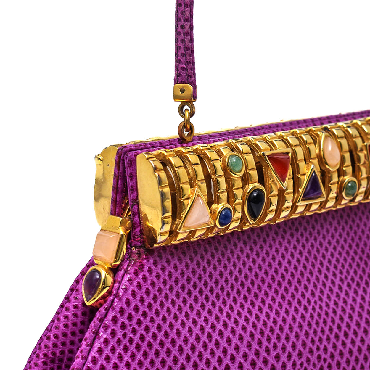 Judith Leiber - Purple Vintage Magenta Lizard Leather Multicolor Gemstone Clutch w Stra